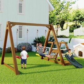 Leagăn Dublu pentru Copii din Lemn Masiv cu Tobogan de Grădină și Scară de Cățărat, Structură de Exterior, 239x240x169 cm, Natural