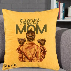 Cadou pentru Mama - Perna Personalizata Super Mom of Girls Mama cu Gemene, 40x40 cm, Galben, Husa Detasabila, Perna Inclusa, BEKZ®
