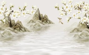 Tapet Premium Canvas - Abstract flori cu munti si apa