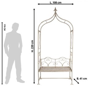 Arcada decorativa de gradina cu banca, alb, din metal, aspect vintage