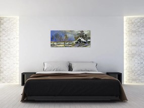 Tablou -Cabane într-un peisaj de iarnă, pictură în ulei (120x50 cm)