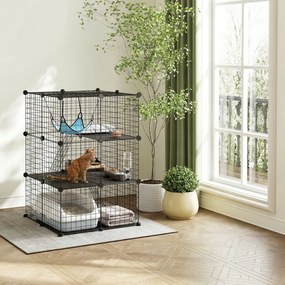 PawHut Cușcă pentru Pisici 105 cm de Interior, Recinto din Oțel cu 3 Uși, Design Personalizabil DIY pentru Pisoi, Spațiu pe 3 Niveluri cu Scări, Hamac și Platformă, Negru | Aosom Romania