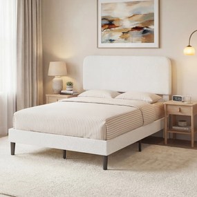HOMCOM Cadru de pat 140x190cm cu somieră, tăblie reglabilă, pat dublu tapițat în velur Teddy, lamele metalice, alb | Aosom Romania