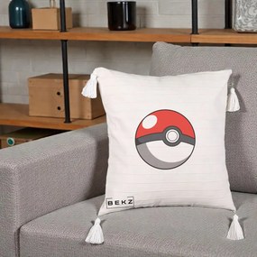 Perna Personalizata Pokeball Rosie, 40x40 cm, Bej cu Franjuri, Husa Detasabila, Perna Inclusa, BEKZ®