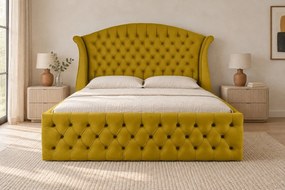 Pat tapițat Chesterfield din catifea Sorella Simple 140×200 cm, galben muștar, cu ladă de depozitare