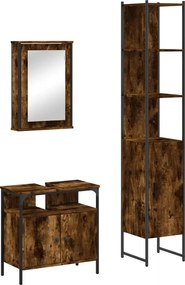 vidaXL Set mobilier de baie, 3 piese, stejar fumuriu, lemn prelucrat