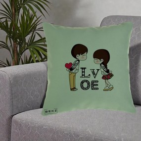 Cadou Romantic - Perna Personalizata Cuplu Kawaii LOVE, 40x40 cm, Verde, Husa Detasabila, Perna Inclusa, BEKZ®