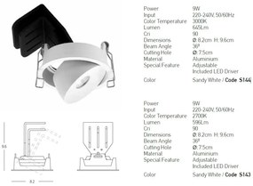 Spot LED reglabil Trimless 9W 3000K alb