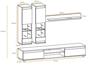 Mobilier Living-sufragerie  camera de zi , gri inchis antracit stejar artisan  , 175 cm lungime, usi deschidere fara manere, vitrina iluminata led