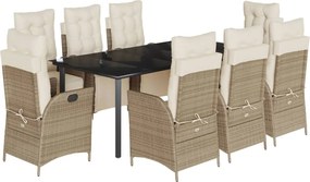 vidaXL Set de masă pentru grădină, 9 piese, cu perne, bej, poliratan