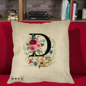 Cadou Personalizat - Perna Personalizata Monogram Litera D cu Flori Acuarela, 40x40 cm, Crem, Husa Detasabila, Perna Inclusa, BEKZ®