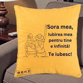 Cadou pentru Sora - Perna Personalizata Sora Mea Te Iubesc Line Art Portrete Colorate, 40x40 cm, Galben, Husa Detasabila, Perna Inclusa, BEKZ®