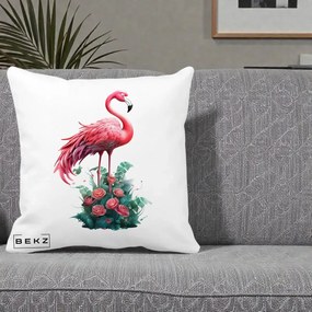 Perna Decorativa Flamingo cu Trandafiri Tropicali, 40x40 cm, Alba Mata, Husa Detasabila, Perna Inclusa, BEKZ®