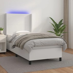 vidaXL Pat cu arcuri, cu saltea și LED, alb, 100x200 cm, piele eco