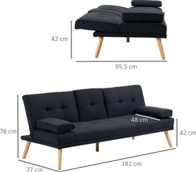 HOMCOM Canapea Extensibilă cu 3 Locuri, 2 Brațe Detașabile și Suport pentru Pahare, 181x77x78 cm, Gri antracit | Aosom Romania
