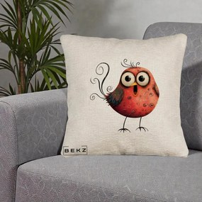 Perna Decorativa Pasare Rosie Exuberanta cu Spirale, 40x40 cm, Bej Canapea, Husa Detasabila, Perna Inclusa, BEKZ®
