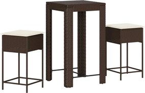 vidaXL Set bar de grădină, 3 piese, cu perne, maro, poliratan
