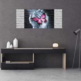 Tablou - Fluture roz în perete (120x50 cm)