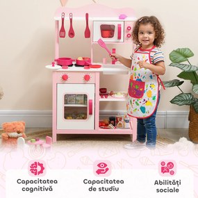AIYAPLAY Bucătărie de Jucărie pentru Copii 3+ Ani cu Microonde, Plită și Chiuvetă, din Lemn, 55x24x86 cm, Roz | Aosom Romania
