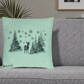 Perna Decorativa Ren in Padure Inzapezita, 40x40 cm, Verde Menta, Husa Detasabila, Perna Inclusa, BEKZ®