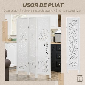 HOMCOM Paravan Interior cu 3 Panouri, Separator Pliabil de Interior, din Lemn Cioplit, 120x170 cm, Alb | Aosom Romania