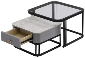 Set de 2 Măsuțe de Cafea Suprapozabile cu Blat din Marmură Lucioasă și Sticlă, Structură din Metal și Sertare, 60x60x42 cm + 50x50x34 cm, Negru
