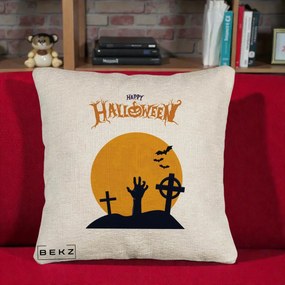 Perna Decorativa Happy Halloween Cimitir cu Luna, 40x40 cm, Bej Canapea, Husa Detasabila, Perna Inclusa, BEKZ®