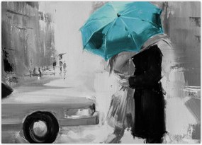 Tablou - Cuplu în dragoste cu umbrelă, albastru (70x50 cm)