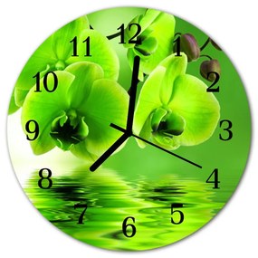 Ceas de perete din sticla rotund Orhidee Flori verzi