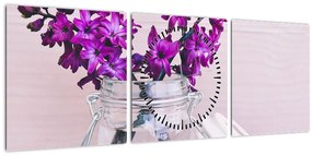 Tablou cu flori violete (cu ceas) (90x30 cm)