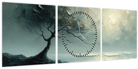 Tablou - pictură în ulei de un copac cu oceanul (cu ceas) (90x30 cm)