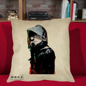 Perna Personalizata Tokyo Ghoul Ken Kaneki cu Masca si Gluga, 40x40 cm, Crem, Husa Detasabila, Perna Inclusa, BEKZ®
