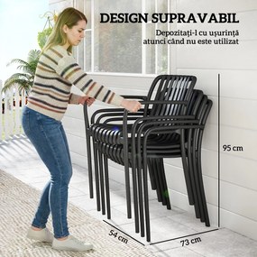 Set 4 Scaune de Grădină Outsunny Stivuibile din PP Rezistent la Razele UV, Scaune de Luat Masa pentru Exterior cu Spătar Ergonomic cu Lamele și Brațe, pentru Terasă, Balcon, Grădină, 55x58,5x81,5 cm, Negru | Aosom Romania