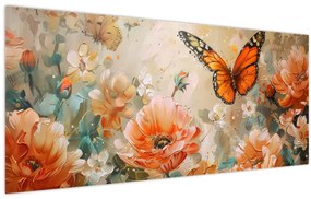 Tablou - Fluture și flori, pictură în ulei (120x50 cm)