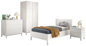 Set dormitor copii EVA alb, pat (90 x 200 cm), noptieră, dulap cu 2 uși și comodă.