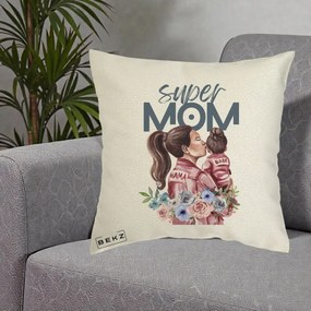 Cadou pentru Mama - Perna Personalizata Super Mom Mama cu Bebelusul, 40x40 cm, Ecru, Husa Detasabila, Perna Inclusa, BEKZ®