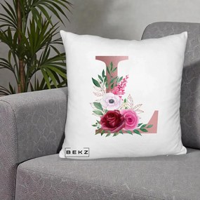 Cadou Personalizat - Perna Personalizata Monograma Rose Gold Litera L, 40x40 cm, Alb Pufos, Husa Detasabila, Perna Inclusa, BEKZ®