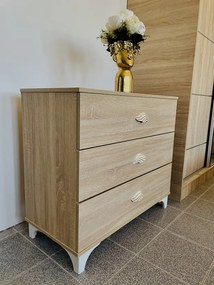 Dormitor Erika / Luiza, culoare sonoma, cu pat standard 140 x 200 cm, dulap cu oglinda 150 cm, comoda si 2 noptiere