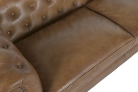 Canapea Chesterfield cu 3 locuri din piele, maro, spătar și brațe capitonate cu ținte, picioare cu rotile, finisaj patinat, 80 x 190 x 77 cm,