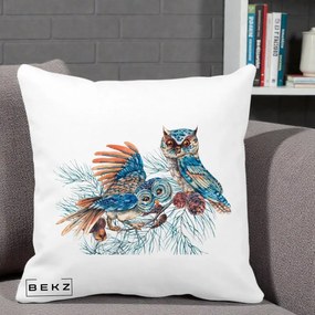 Perna Decorativa Bufnite de Iarna Albastre, 40x40 cm, Alba Mata, Husa Detasabila, Perna Inclusa, BEKZ®