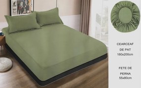 Cearceaf de pat cu elastic si doua fete perna, 180x200 cm, culoare Verde