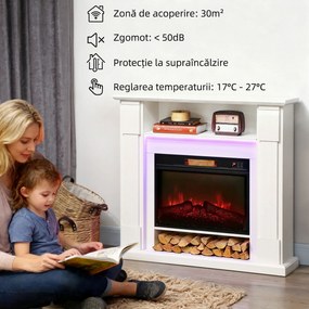 HOMCOM Șemineu Electric Reglabil cu Flacără 3D, Temporizator și Telecomandă Alb | Aosom Romania