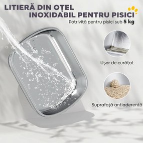 PawHut Litieră închisă pentru pisici, L, din oțel inoxidabil, cu mâner, lopățică și deodorant, anti-împrăștiere, gri | Aosom Romania