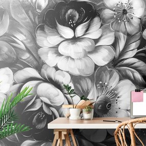 Tapet flori în design alb-negru