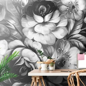 Tapet flori în design alb-negru