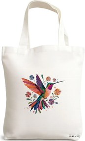 Sacosa de Panza pentru Cumparaturi, Geanta Tote, model Multicolor bird 38 x 34.5 cm, Alba, BEKZ®