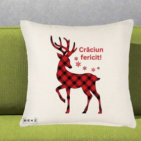 Perna Decorativa Ren Tartan Craciun Fericit, 40x40 cm, Crem Reliefat, Husa Detasabila, Perna Inclusa, BEKZ®