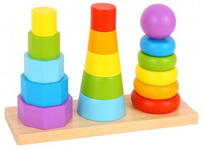 Jucarie educativa sortatoare din lemn masiv NOVOKIDS™ Wooden Towers, 3 in 1, Cu forme geometrice, Materiale Eco, Multicolor