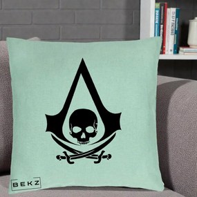 Perna Personalizata Assassin's Creed Black Flag Skull, 40x40 cm, Verde Menta, Husa Detasabila, Perna Inclusa, BEKZ®