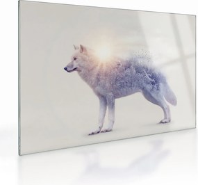 Tablou pe sticlă - Lupul arctic oglindit în peisaj sălbatic (70x50 cm)